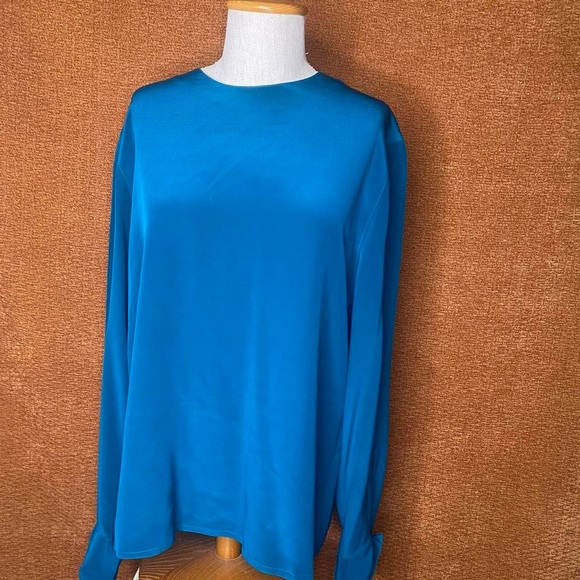 Vintage Jones New York Teal Silk Long Sleeve Blouse, Size L. - Picture 2 of 7